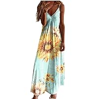 SMIDOW Flowy Maxi Dresses for Women Summer Beach Sundress Sexy v Neck Spaghetti Strap Floral Print Long Dress 2023 Vacation