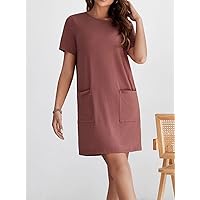Dresses for Women Solid Dual Pocket Tee Dress (Color : Redwood, Size : Small)