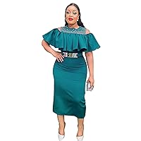 2023 Sexy African Dresses for Women Tea Length Sheer Sparkly Crystal Short Sleeve Formal Church Dress with Belt