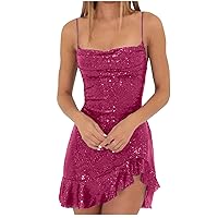 Deal of The Day Prime Today Sparkly Party Dress for Women Sexy Spaghetti Strap Mini Dresses Ruffle Glitter Sling Dress Going Out Short Dresses Dinner Dress Hot Pink