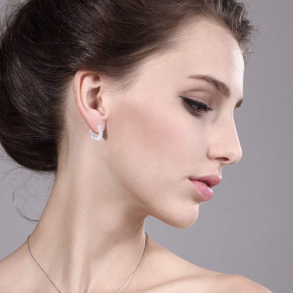The Diamond Deal 10kt White Gold Womens Baguette Diamond Huggie Hoop Earrings 1/6 Cttw