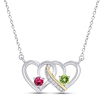 925 Sterling Silver and 10K Yellow Gold 2 Tone Red Ruby and Green Peridot Double Interlocking Hearts Pendant Natural White Diamond Necklace For Women (0.66 Cttw, with 18 inch Chain)