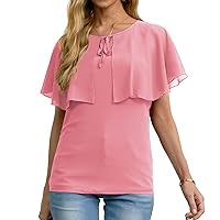 QIXING Womens 2023 Summer Cape Chiffon Flowy Shirt Casual Loose Round Neck Double Layer Elegant Blouses