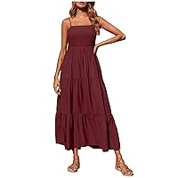 Women Spaghetti Strap Ruffle Tiered Flowy Beach Dress Summer Sleeveless Smocked High Waist Solid Cami A-Line Dress