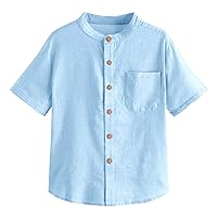 Inorin Boys Button Up Henley Shirt Short Sleeve Lightweight Summer Linen Cotton Dress Shirts Tees Tops with One Pocket