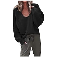 Casual Batwing Long Sleeve Sweater for Women 2023 Fall Ribbed Knit V Neck Pullover Oversized Solid Color Sweaters