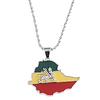 Ethiopian Flag Lion Map Pendant Necklace For Women Men Jewelry Map Chain