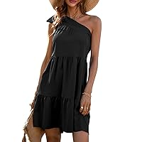 PEHMEA Women's Summer One Shoulder Ruffle Dress A Line Tiered Sleeveless Flowy Mini Sundress(Black-M)