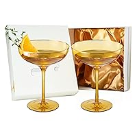 Colored Sunset Amber & Gilded Rim Coupe Glass, 9oz Cocktail & Champagne Glasses 2-Set Vibrant Color Gold Vintage Tumblers, Margarita, Glassware Gift Idea Gifts for Mom, Him, Wife, Housewarming Coupes
