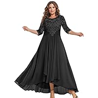 BONOYUER Tea Length Mother of The Bride Dresses for Women A Line Chiffon High Low Formal Evening Gown with Sleeves