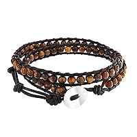 Unisex Mixed Two Tone Multi Strand Layered Link Chain & Bead 6MM Gemstone Tiger Eye Black Onyx Crystal Ball Beads Bracelet For Women Teen Silver Tone Oxidized Stainless Steel Toggle Clasp Adjustable