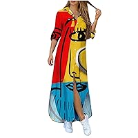 Ruziyoog Women's Summer Abstract Face Printed Dress with Pockets Casual Long Sleeve Loose Dresses V Neck Button Down Sundress