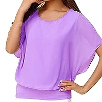 Plus Size Women Batwing Short Sleeve Flowy Chiffon Tops Summer Fashion Sheath Hem Casual Dressy Solid T-Shirts