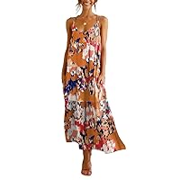 Womens Summer Casual Dress Sleeveless V-Neck Spaghetti Strap Tiered Beach Maxi Long Dresses with Pockets