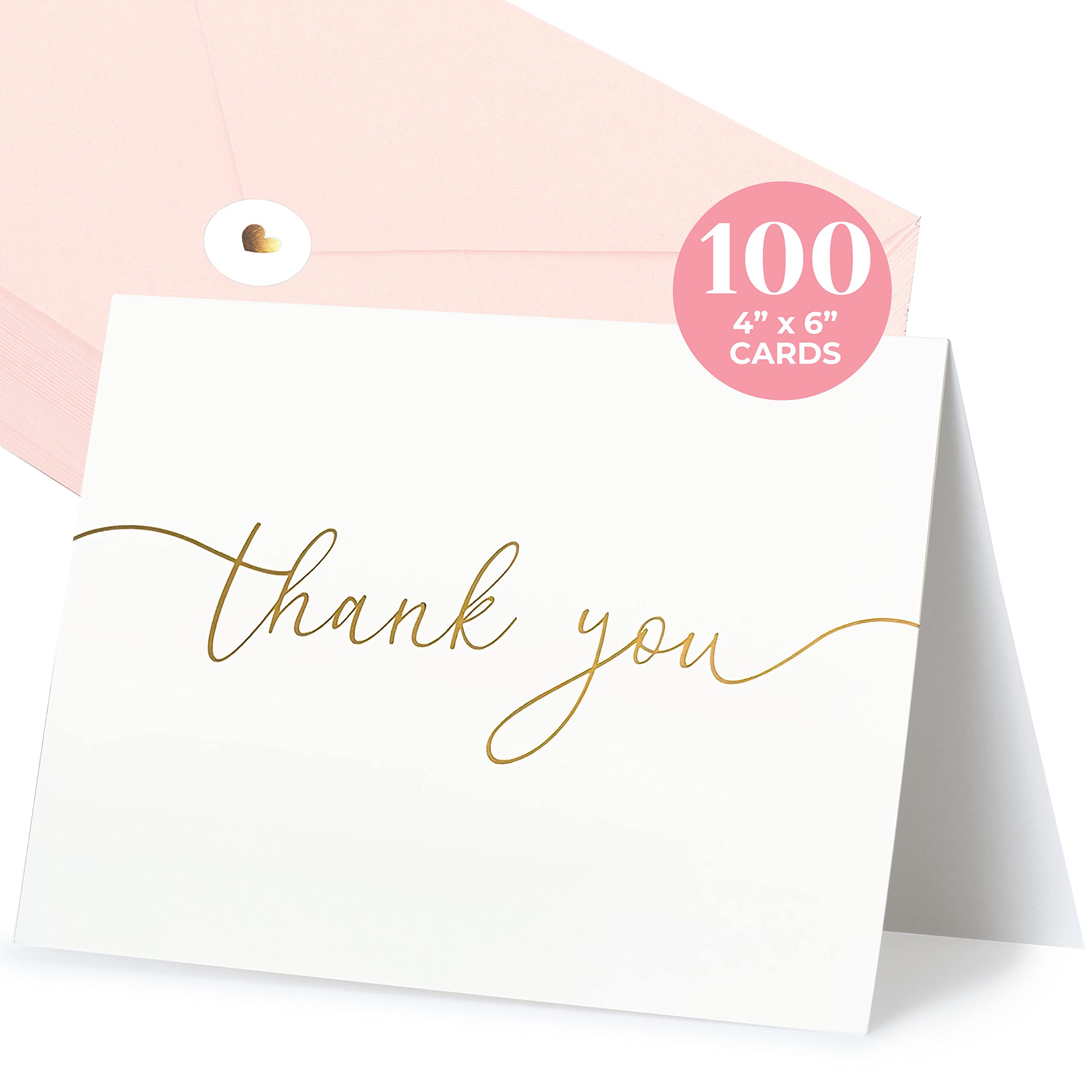 100 Bulk Thank You Cards with Envelopes - Blank Cards and Envelopes - Thank You Cards Wedding with Envelopes Set - Gold Script Thank You Notes - Thank You Cards Bridal Shower (4 x 6 Inches) (100 Pack)