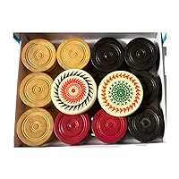 Wooden Checkers with Stackable Ridge Carrom Board Coins and Striker Professional Solid Set (24 Carrom Board Pieces with Cover/Striker Case + 2 Striker Random Color