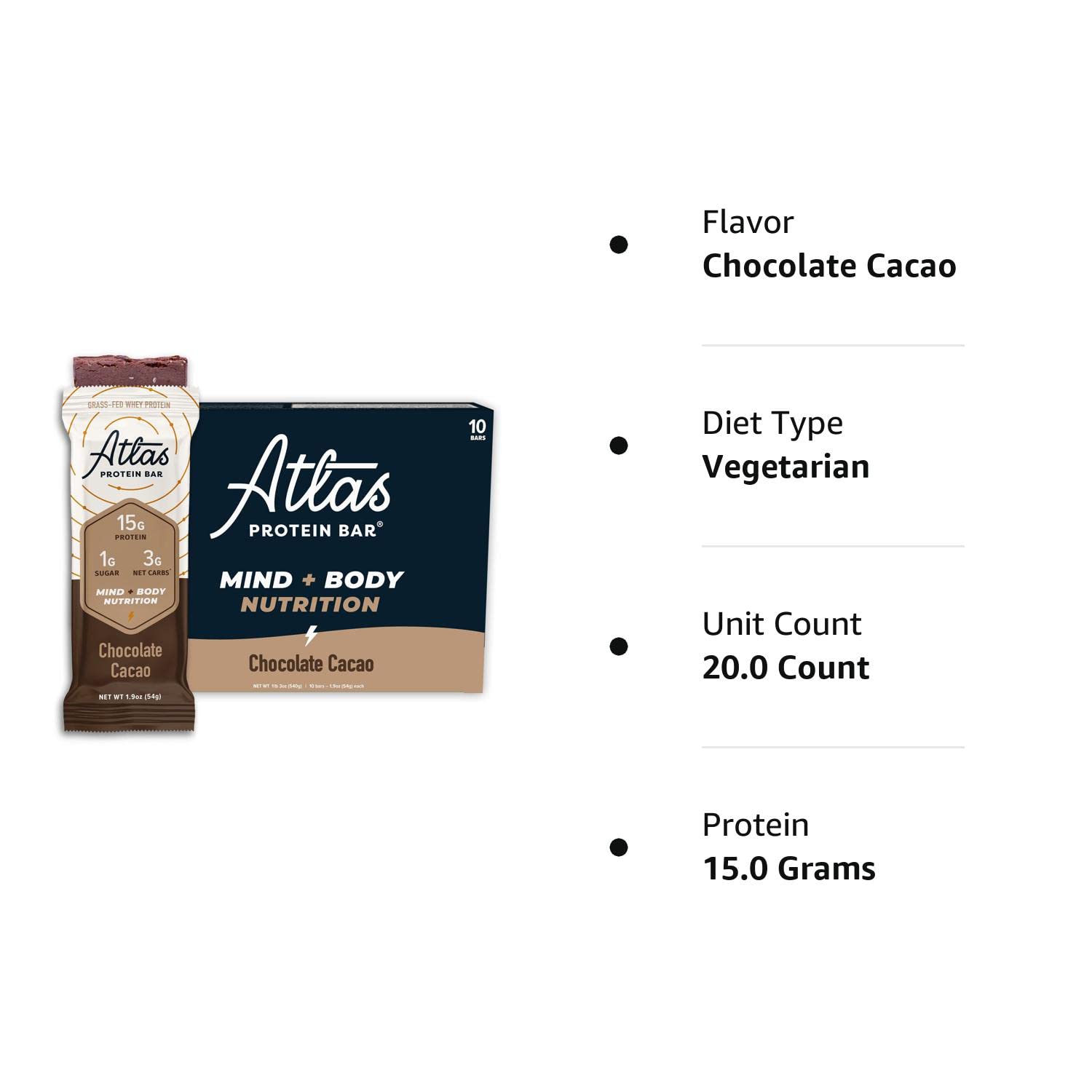 Atlas Protein Bar, 20g Protein, 1g Sugar, Clean Ingredients, Gluten Free (Dark Chocolate Almond, 12 Count (Pack of 2))