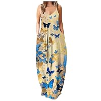 Womens Summer Maxi Dress Loose Casual V Neck Sleeveless Butterfly Print Cami Long Beach Sundresses with Pockets