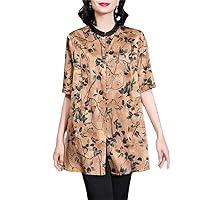 Mulberry Silk Shirt for Women Short Sleeve Floral Print Shirt Loose Retro Lapel Blouses