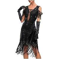 1920 Dresses Sexy Deep V Dress Women's Beaded Tassels Hem Flapper Dress Great Gatsby Fringed Cocktail Rave Party Prom Gowns