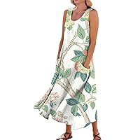 Womens Linen Dress Bohemian Dress for Women 2024 Floral Print Casual Loose Fit Linen with Sleeveless U Neck Pockets Dresses Green 3X-Large
