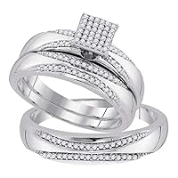 The Diamond Deal 10kt White Gold His & Hers Round Diamond Square Cluster Matching Bridal Wedding Ring Band Set 1/3 Cttw