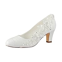 Emily Bridal Wedding Shoes Women's Silk Like Satin Chunky Heel Pumps with Stitching Lace Flower Crystal Pearl