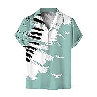 Men's Leisure Musical Notes Printed Tee Shirts Button Down Collared T-Shirts Summer Beach Tops Hawaiian Loose Fit