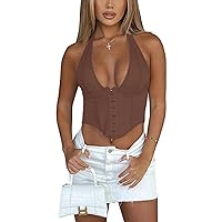 REORIA Women's Summer Sexy Halter V Neck Sleeveless Backless Trendy Y2k Going Out Corset Tank Crop Tops
