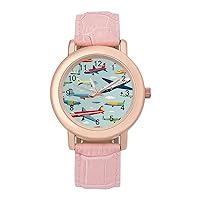 Aircraft Pattern Women's Watches Classic Quartz Watch with Leather Strap Easy to Read Wrist Watch