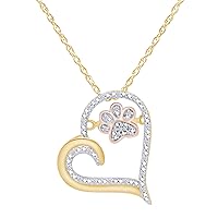 AFFY Paw Print Dog Cat Heart Pendant Necklace, 925 Sterling Silver & 10K Solid Gold Natural Diamond, Two Tone Heart Necklace for Pet Lovers, Elegant Silver Gift for Her