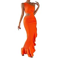 Women's Dress One Shoulder Cut Out Waist Ruffle Trim Ruched Dress Women's Dress AIEBO