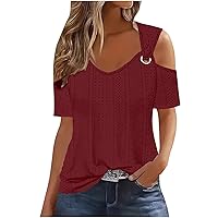 Short Sleeve Cold Shoulder Tops for Women Dressy Cut Out Eyelet Crochet Shirts Trendy Elegant Sexy Casual Blouse Wine
