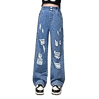 TiaoBug Kids Girls Ripped Jeans Casual Loose Fit Distressed Washed Denim Pants Vintage Straight Wide Leg Denim Trousers
