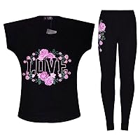 Girls T Shirt Tops with Legging New Casual Fashion Love Roses Floral Print Short Sleeve Outfit Set Age 5-13 Years
