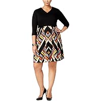Women's Plus Size 3/4 Sleeve Fit and Flare Dress with Solid Top and Printed Skirt