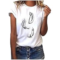 Women's Feather Print Short Sleeve Tops Vintage Graphic T Shirt Summer Casual Crewneck Blouse Loose Fit Tunic Tee