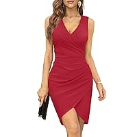 Wedding Guest Dresses for Women Sexy V Neck Sleeveless Wrap Ruched Bodycon Casual Tunic Evening Cocktail Party Dress