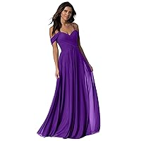 Women's Long Cold Shoulder Pleated Wedding Bridesmaid Dresses Off Shoulder Chiffon Prom Dress Purple US26W