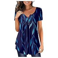 Womens Workout Tops Short Sleeve Henley V Neck Swing Trending Striped Button Down Peplum Work Shirts for Women