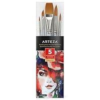 Arteza Watercolor Paint Brushes,​ Set of 5, Assorted Shapes, Synthetic ​Soft-Bristle Brushes​ with Anti-Rust Ferrules, Painting Art Supplies for Beginners and Experts