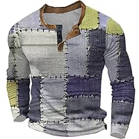 Men's Henley Shirt Plaid 3D Print Patchwork Pattern Long Sleeve Button Vintage Casual T-Shirt Streetwear Tee Sports