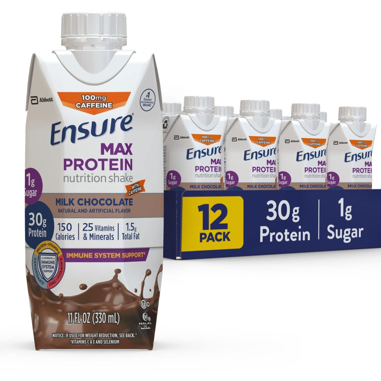 Ensure Max Protein Nutrition Shake with 30g of Protein 1g of Sugar High Protein Shake Milk with 11 fl oz, Chocolate w/ Caffeine, Pack of 12
