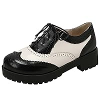 Women's Lace up Wingtip Oxford Shoes Chunky Heel Platform Vintage Round Toe Brogue Shoes