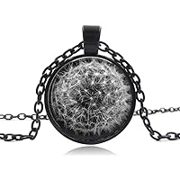 Black and White Dandelion Pendant Necklace Vintage Charm Jewelry Glass Photo Jewelry
