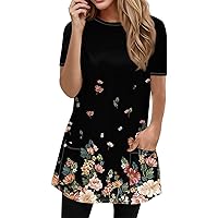 Summer Tops for Women Fashion Vintage Print Leisure Loose Fit with Short Sleeve Round Neck Pockets Shirts