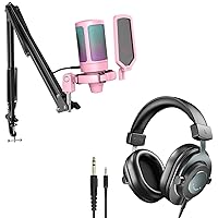 FIFINE Streaming Microphone Set and 3.5mm/6.35mm Studio Headphones, Recording Gaming Kit Bundle for Podcasting, Condenser Mic, Monitoring Headphones with Adjustable Headband-Pink (A6TP+H8)