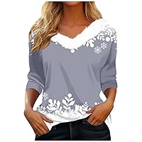 Xmas Fleece Shirts for Women Casual Fur Collar Long Sleeve T-Shirt Loose Fit Fall Outfit Comfy Daily Workout Tops