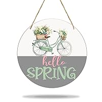 Spring Summer Gift Wood Sign with Rope - Hello Spring, Floral Bike Home Decor Wooden Wall Hanging Plaque, Welcome Spring Hanging Sign for Front Door Porch Indoor Outdoor Holiday Decoration -01