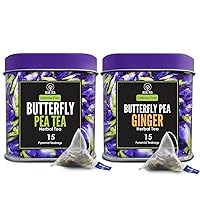 BLUE TEA - Combo Pack - Butterfly Pea Flower Tea and Butterfly Pea Ginger - 30 Pyramid Tea Bags | DIRECTLY FROM SOURCE | Vegan - Gluten Free - GMO Free |